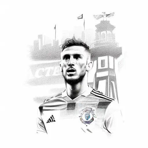 Create a detailed sketch of a Manchester United football player exploring the streets of San Francisco, USA tattoo design idea