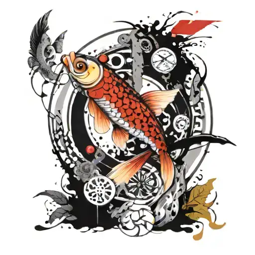 koi carp and owl in a circle tattoo design idea
