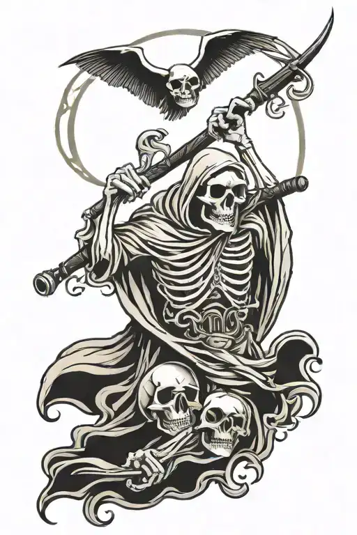 skulls grim reaper with scythe looking moon tattoo design idea