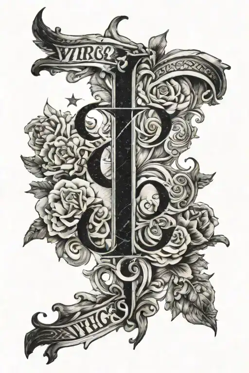 A black and white picture that encompasses five stars, the word “Virgo”, the words “Romans 5: 1-5”, with a faded cloudy/ tattoo design idea