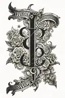 A black and white picture that encompasses five stars, the word “Virgo”, the words “Romans 5: 1-5”, with a faded cloudy/ tattoo design idea