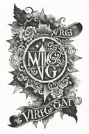 A black and white picture that encompasses five stars, the word “Virgo”, the words “Romans 5: 1-5”, with a faded cloudy/ tattoo design idea