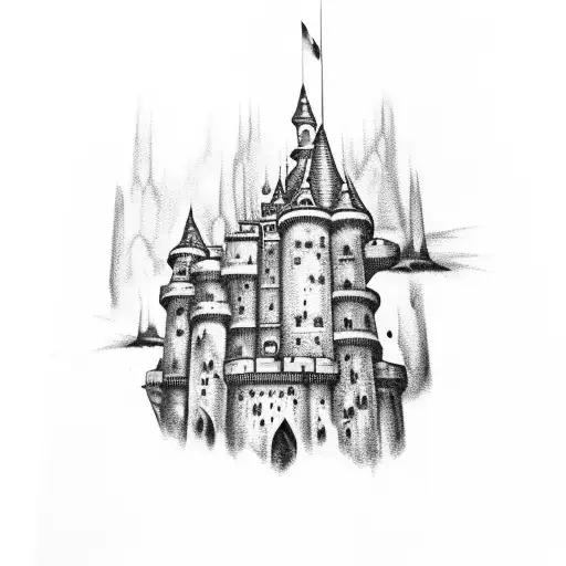 Dripping medieval castle with Gothic lettering tattoo design idea