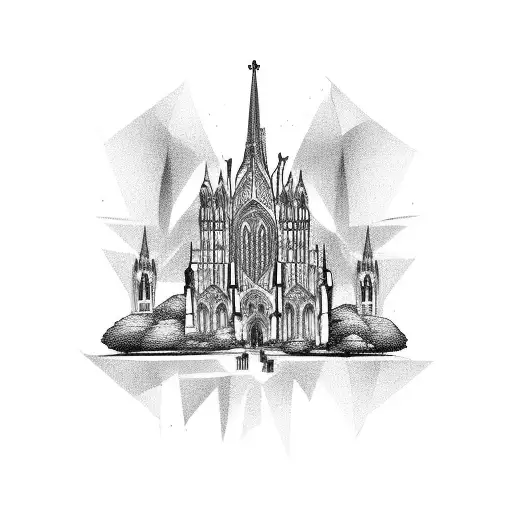 Gothic cathedral with rap lyrics incorporated in the architecture tattoo design idea