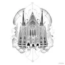 Gothic cathedral with rap lyrics incorporated in the architecture tattoo design idea