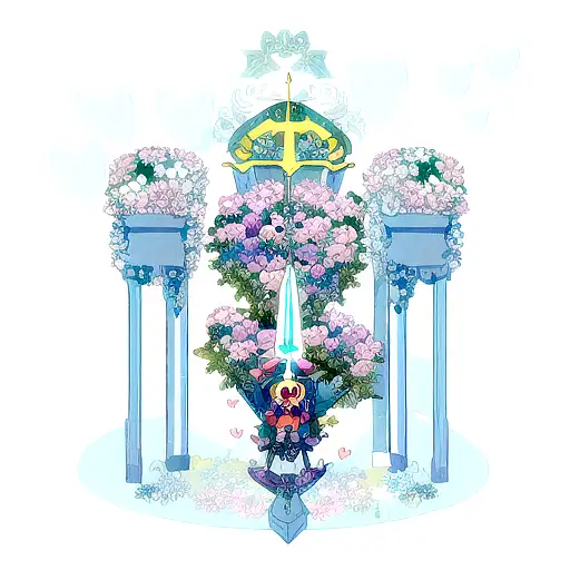 master sword planted in a heart shaped rib cage with flowers from silent princess and navies from zelda themed tattoo design idea