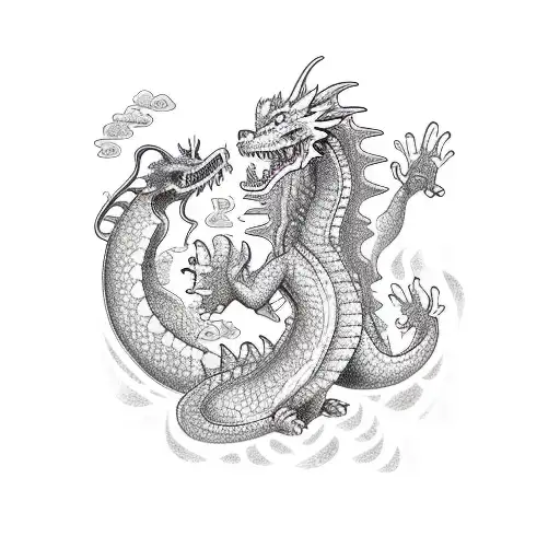 A new-school design of a dog playing with a dragon in a Japanese garden tattoo design idea