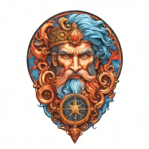 Poseidon god, compass, anchor will have blue fog and red colors in the combination of these, his eyes will be bright tattoo design idea