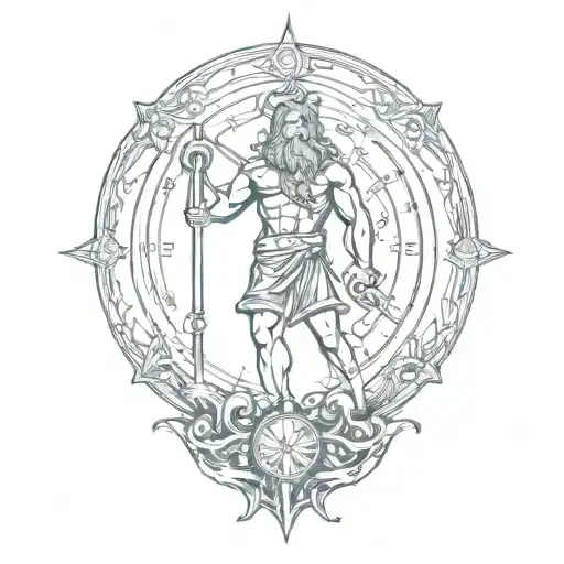 god of poseidon, compass, anchor, in their combination there will be blue mist and red colors, poseidon's eyes will be b tattoo design idea
