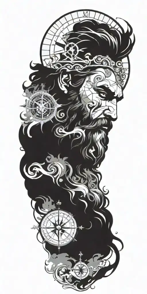 god of poseidon, compass, anchor, in their combination there will be blue mist and red colors, poseidon's eyes will be b tattoo design idea