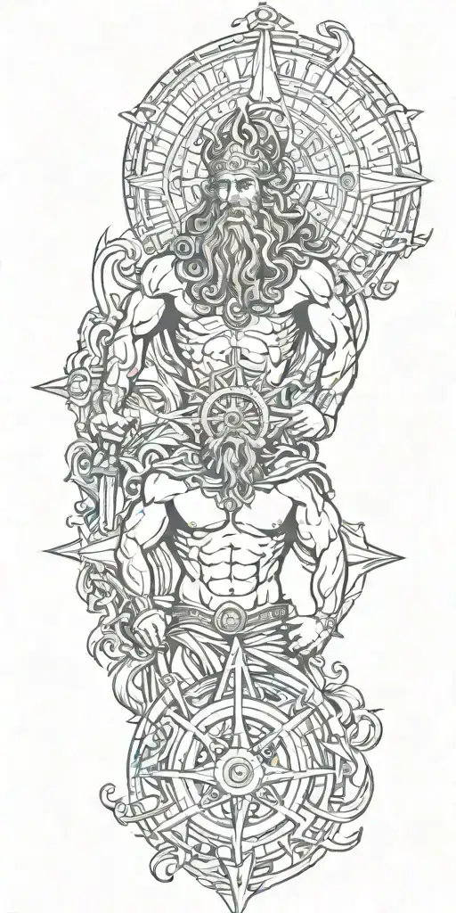Poseidon god, compass, anchor will have blue fog and red colors in the combination of these, his eyes will be bright tattoo design idea