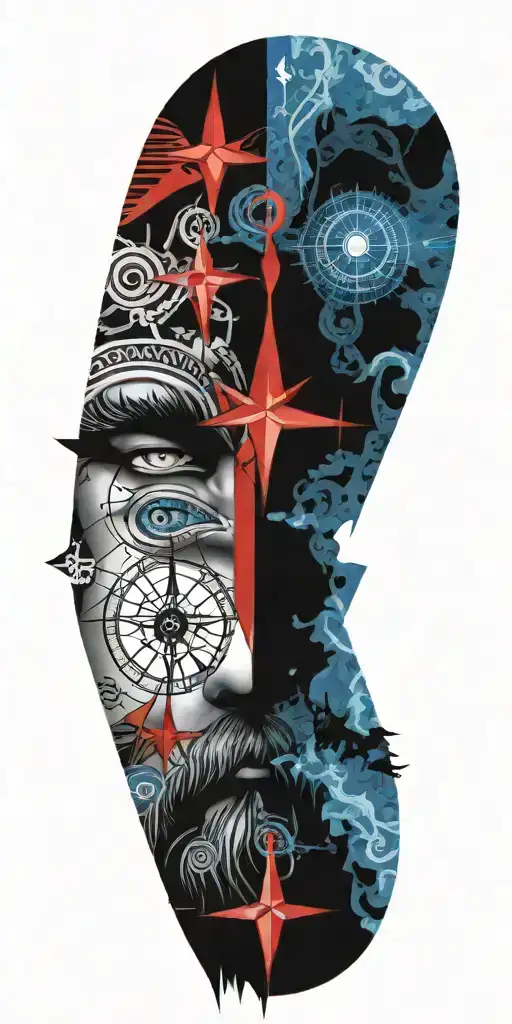 Poseidon god, compass, anchor will have blue fog and red colors in the combination of these, his eyes will be bright tattoo design idea