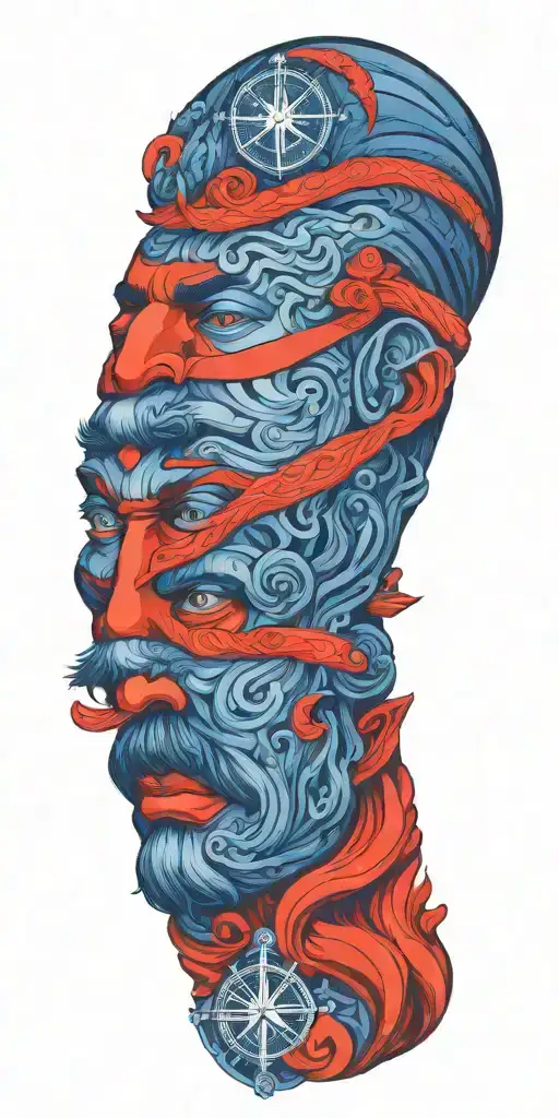 Poseidon god, compass, anchor will have blue fog and red colors in the combination of these, his eyes will be bright tattoo design idea