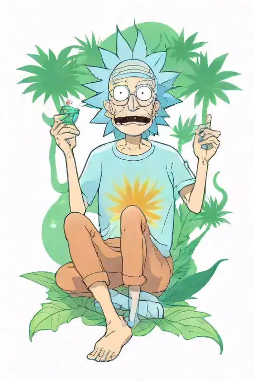 Rick from Rick and Morty wearing a marijuana t-shirt and meditating tattoo design idea