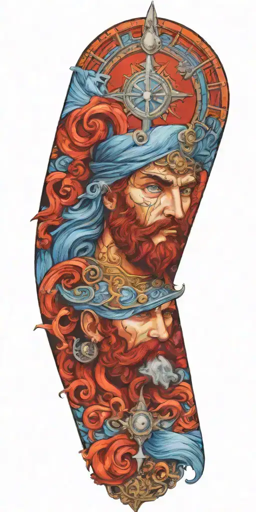 Poseidon god, compass, anchor will have blue fog and red colors in the combination of these, his eyes will be bright tattoo design idea