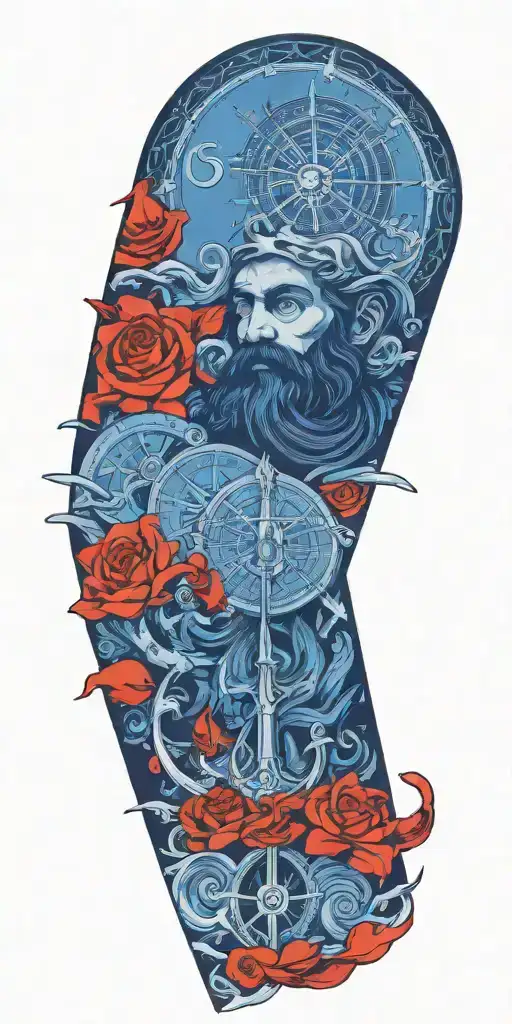 Poseidon god, compass, anchor will have blue fog and red colors in the combination of these, his eyes will be bright tattoo design idea