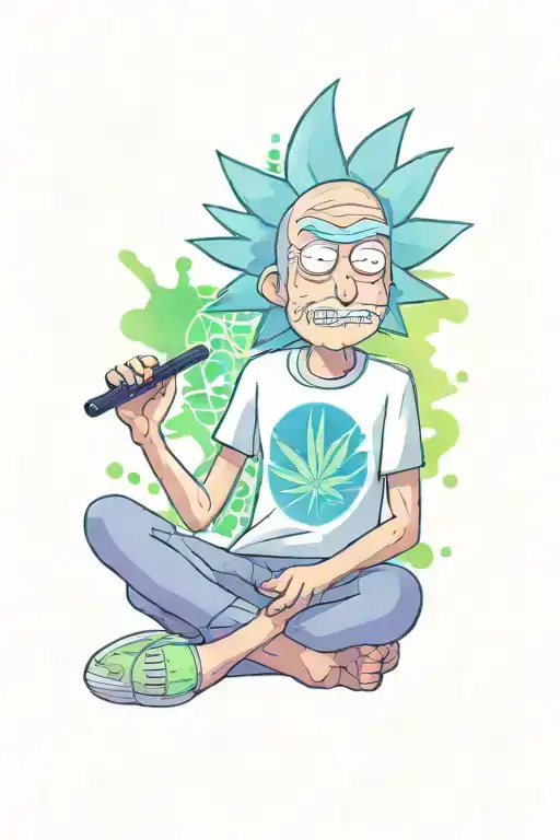 Rick from Rick and Morty wearing a marijuana t-shirt and meditating tattoo design idea