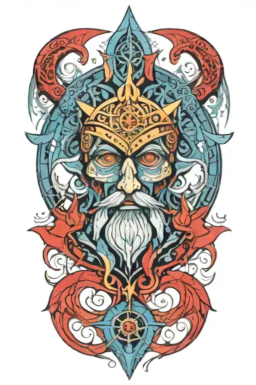 Poseidon god, compass, anchor will have blue fog and red colors in the combination of these, his eyes will be bright tattoo design idea