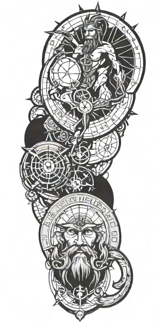 Poseidon god, compass, anchor will have blue fog and red colors in the combination of these, his eyes will be bright tattoo design idea