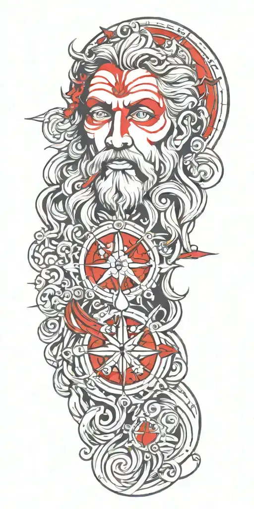 Poseidon god, compass, anchor will have blue fog and red colors in the combination of these, his eyes will be bright tattoo design idea