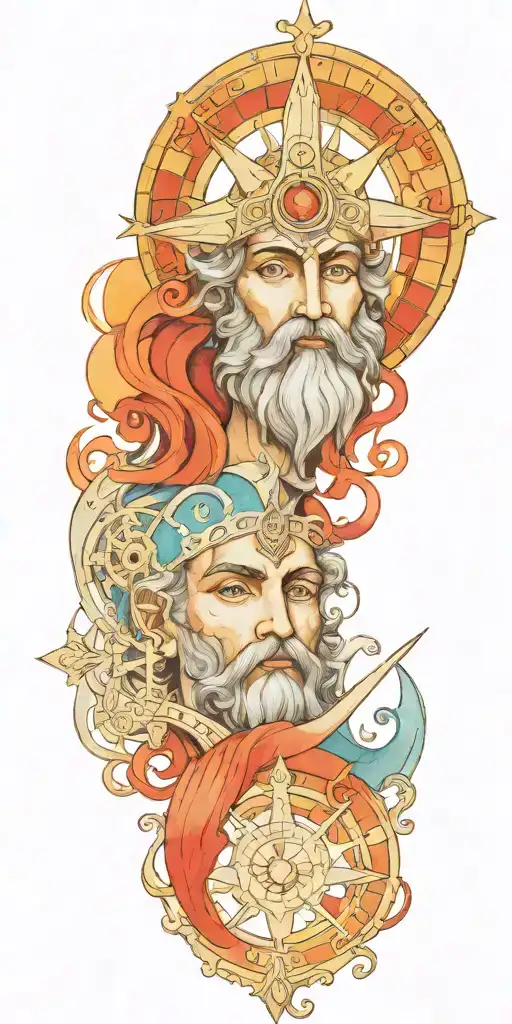 Poseidon god, compass, anchor will have blue fog and red colors in the combination of these, his eyes will be bright tattoo design idea