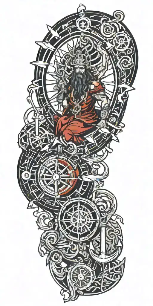 Poseidon god, compass, anchor will have blue fog and red colors in the combination of these, his eyes will be bright tattoo design idea