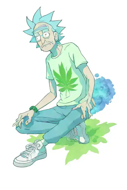 Rick from Rick and Morty wearing a marijuana t-shirt and meditating tattoo design idea
