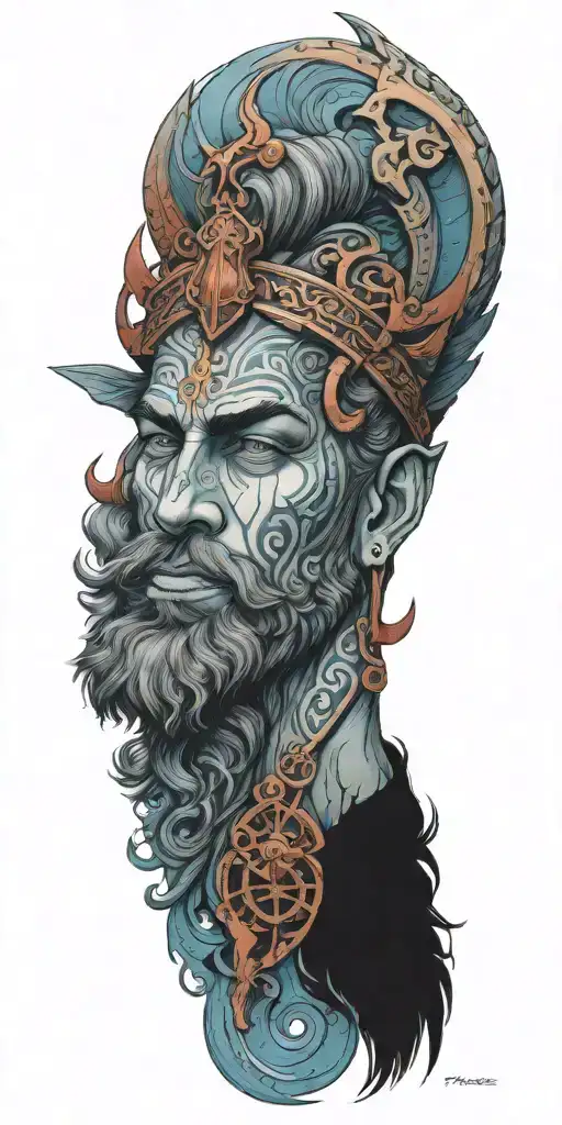 Poseidon god, compass, anchor will have blue fog and red colors in the combination of these, his eyes will be bright tattoo design idea