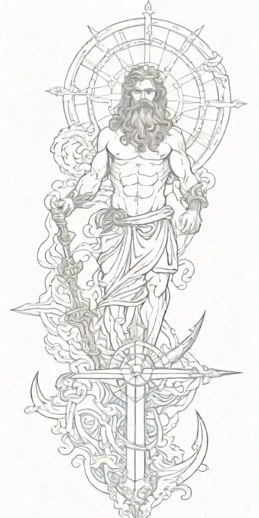 god of poseidon, compass, anchor, in their combination there will be blue mist and red colors, poseidon's eyes will be b tattoo design idea