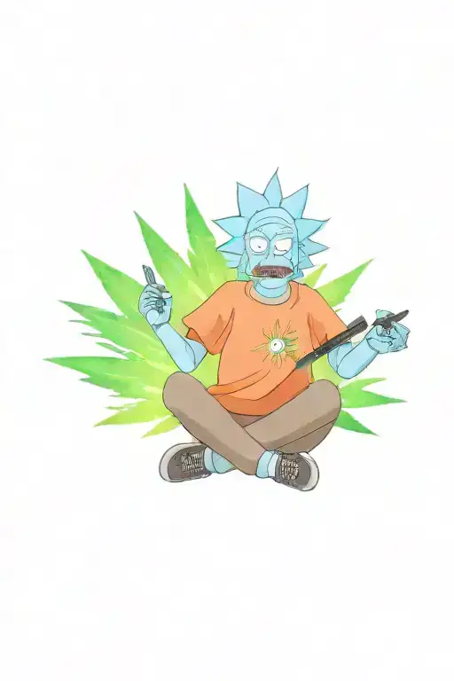 Rick from Rick and Morty wearing a marijuana t-shirt and meditating tattoo design idea