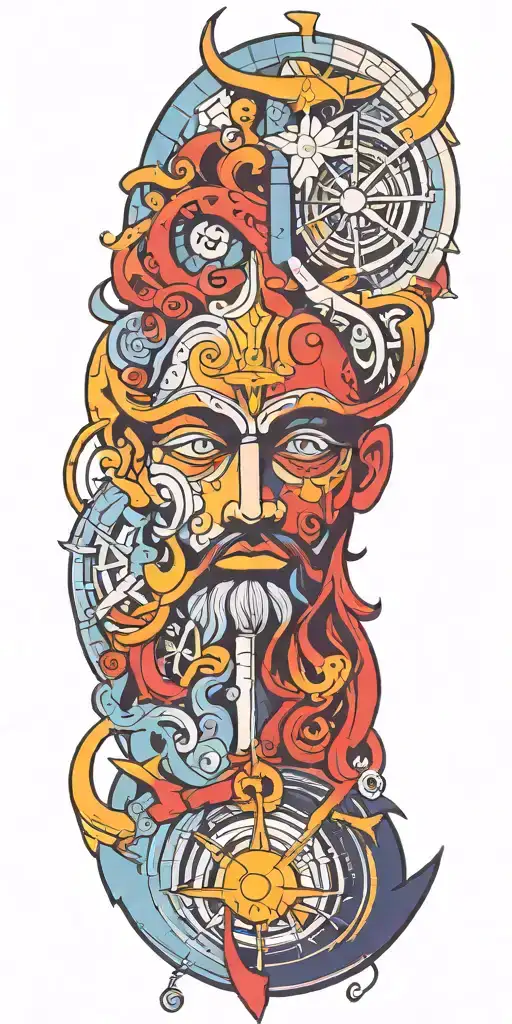 Poseidon god, compass, anchor will have blue fog and red colors in the combination of these, his eyes will be bright tattoo design idea