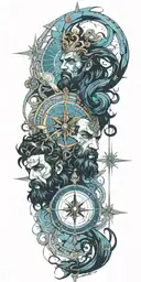 Poseidon god, compass, anchor will have blue fog and red colors in the combination of these, his eyes will be bright tattoo design idea