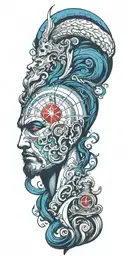 Poseidon god, compass, anchor will have blue fog and red colors in the combination of these, his eyes will be bright tattoo design idea