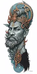 Poseidon god, compass, anchor will have blue fog and red colors in the combination of these, his eyes will be bright tattoo design idea