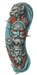 Poseidon god, compass, anchor will have blue fog and red colors in the combination of these, his eyes will be bright tattoo design idea