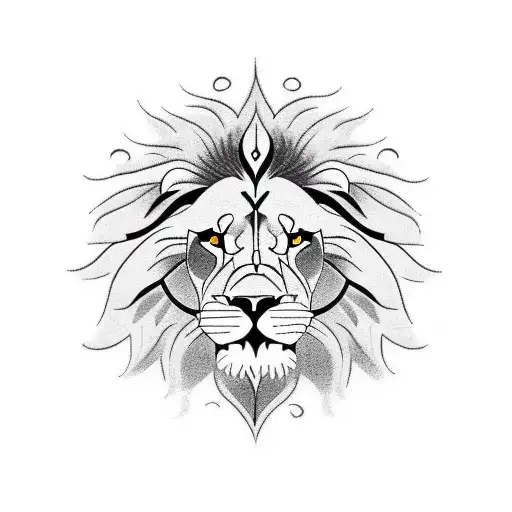 A realistic depiction of a lion walking through a church stained glass window tattoo design idea