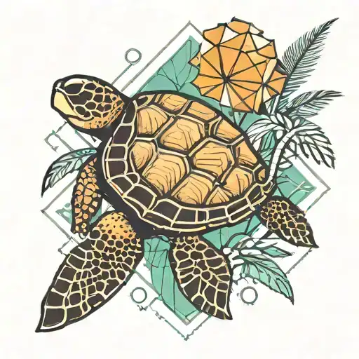 small sea turtle, sea shell and palm tree in a line with simple geometric lines for a forarm tattoo design idea