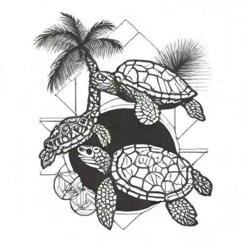 small sea turtle, sea shell and palm tree in  line  next to one anotherwith simple geometric lines for a forarm tattoo design idea