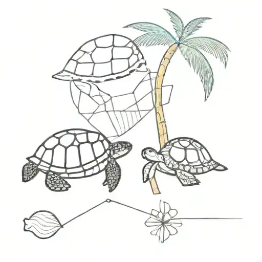 small sea turtle, sea shell and palm tree in  line  next to one anotherwith simple geometric lines for a forarm tattoo design idea