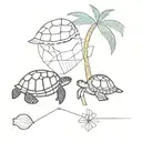 small sea turtle, sea shell and palm tree in  line  next to one anotherwith simple geometric lines for a forarm tattoo design idea