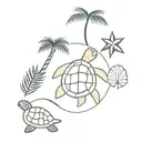 small sea turtle, sea shell and palm tree in  line  next to one anotherwith simple geometric lines for a forarm tattoo design idea