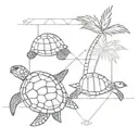 small sea turtle, sea shell and palm tree in  line  next to one anotherwith simple geometric lines for a forarm tattoo design idea