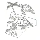 small sea turtle, sea shell and palm tree in  line  next to one anotherwith simple geometric lines for a forarm tattoo design idea