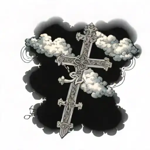cross with realistic clouds, rosaries around the cross, focusing on the text; I trust in you, tattoo design idea