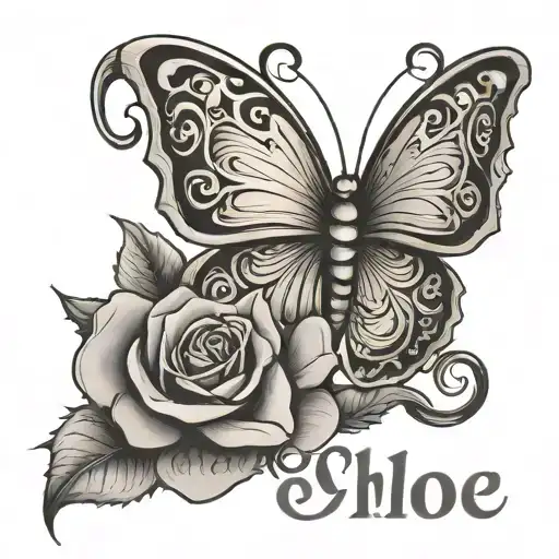 chloe name butterfly rose tattoo design idea