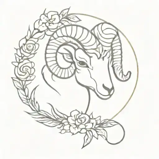 A minimalist tattoo of an Aries ram surrounded by a wreath of flowers tattoo design idea