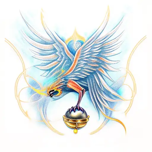 A mystical representation of a Phoenix rising from the golden snitch tattoo design idea