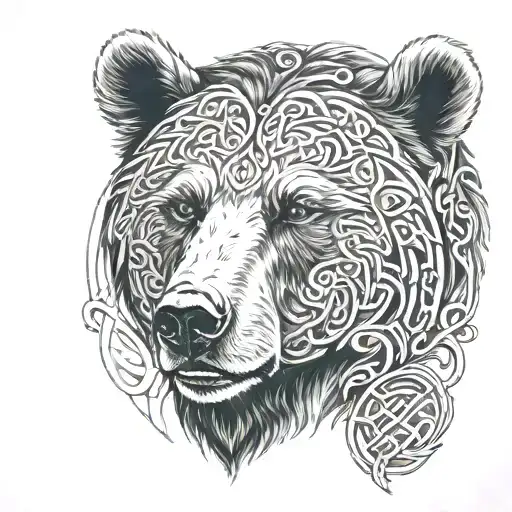 A black and grey realistic portrait of a majestic bear surrounded by celtic symbols and wildlife elements, representing the client's passion for bears and celtic culture tattoo design idea