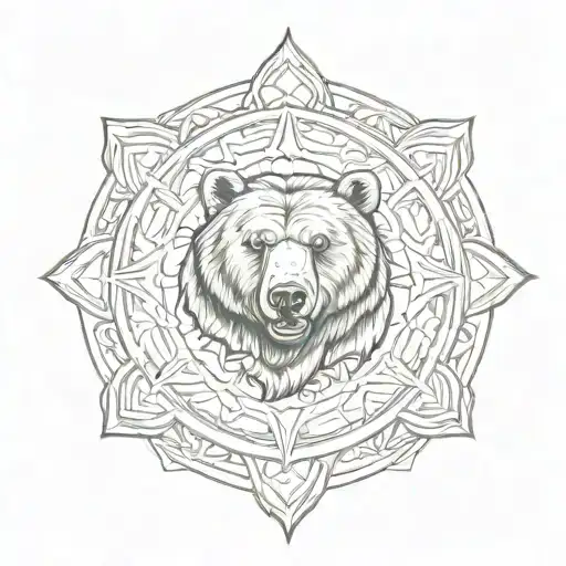 A sketch style tattoo of a bear in the center of a Celtic mandala, with elements of archery and wildlife incorporated into the design tattoo design idea