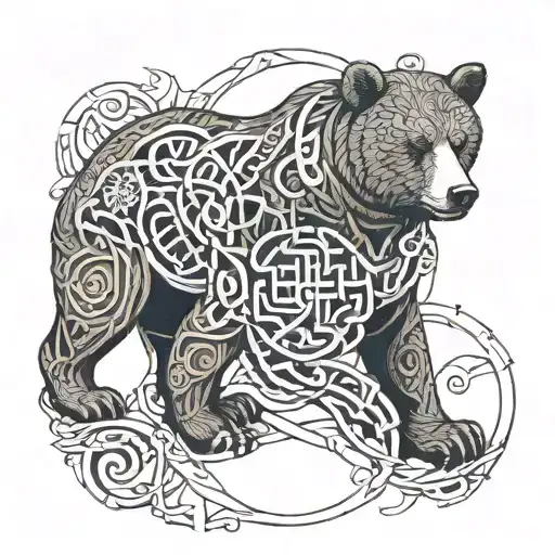 An intricate Celtic knot design incorporating elements of archery and wildlife, with a bear hidden within the pattern tattoo design idea